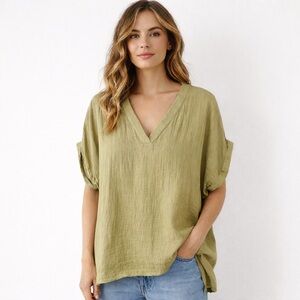 Pact | Coastal Gauze V-Neck Tunic Top, Lightweight Relaxed Fit Summer Blouse XL